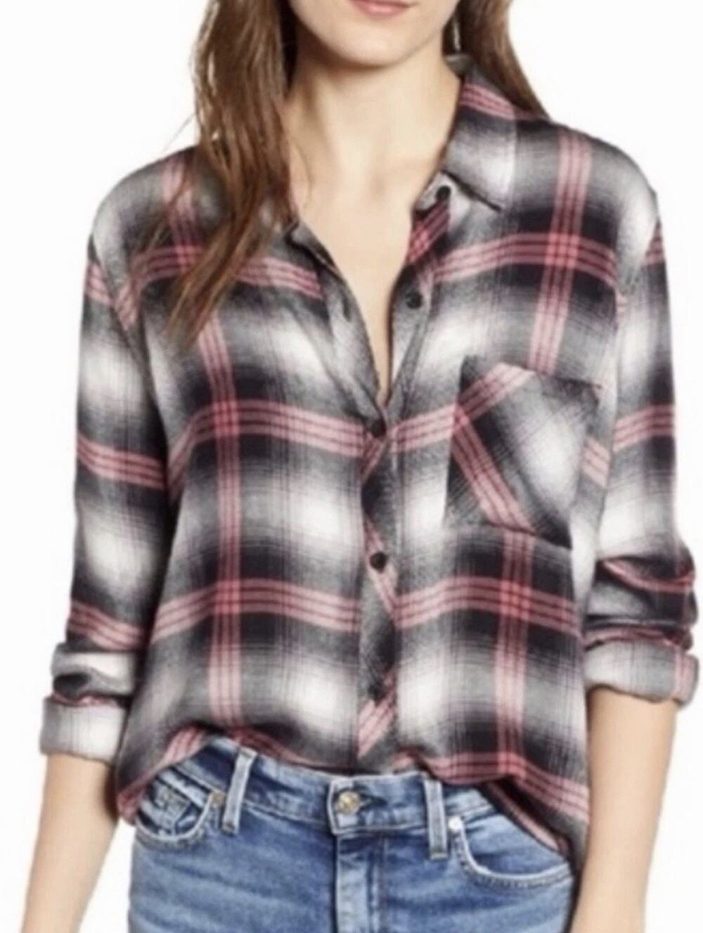 Rails Hunter Plaid Black Taffy Pink Shirt Medium flannel Blouse Long Sleeve